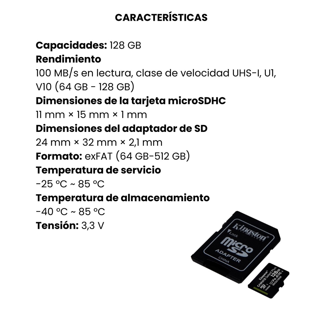 Memoria Micro SD Kingston Canvas Select Plus 128GB - Negro
