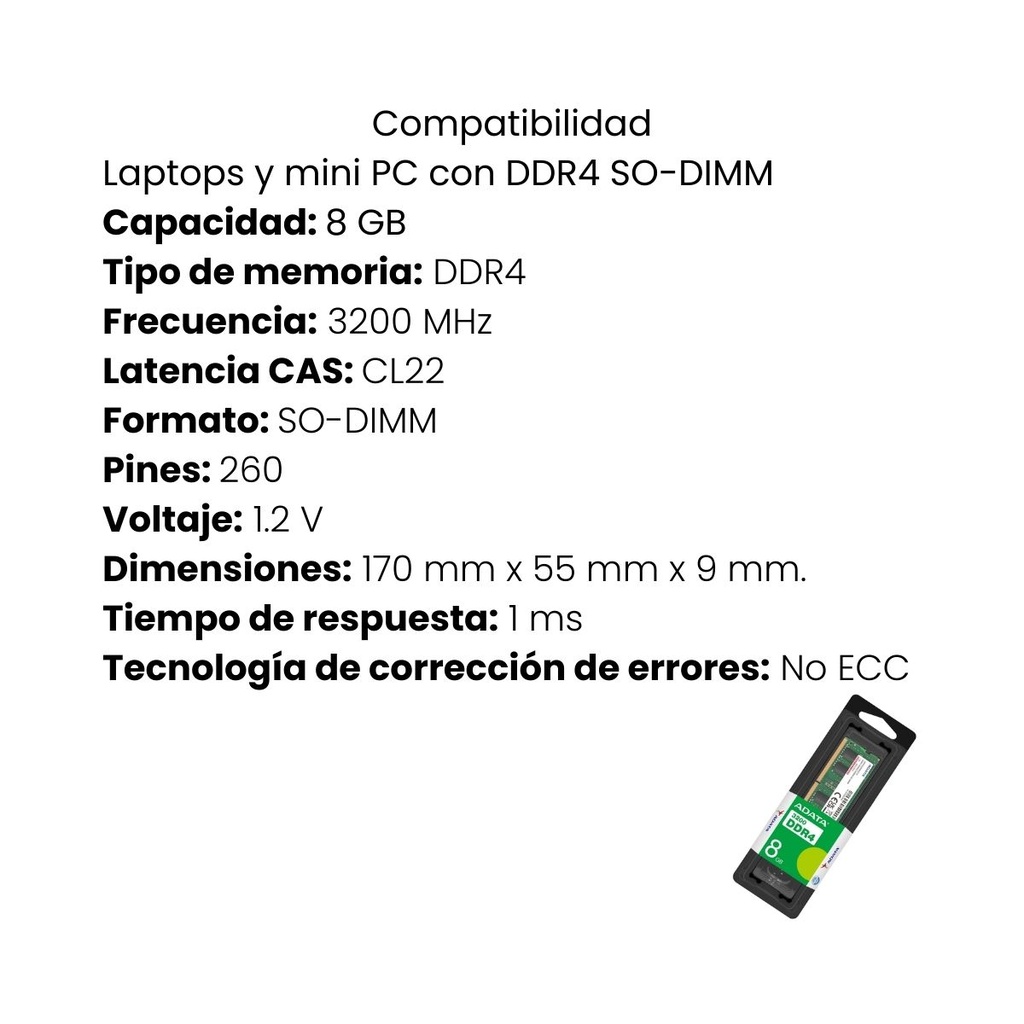 Memoria RAM Para Portátil ADATA 8GB DDR4 3200MHz