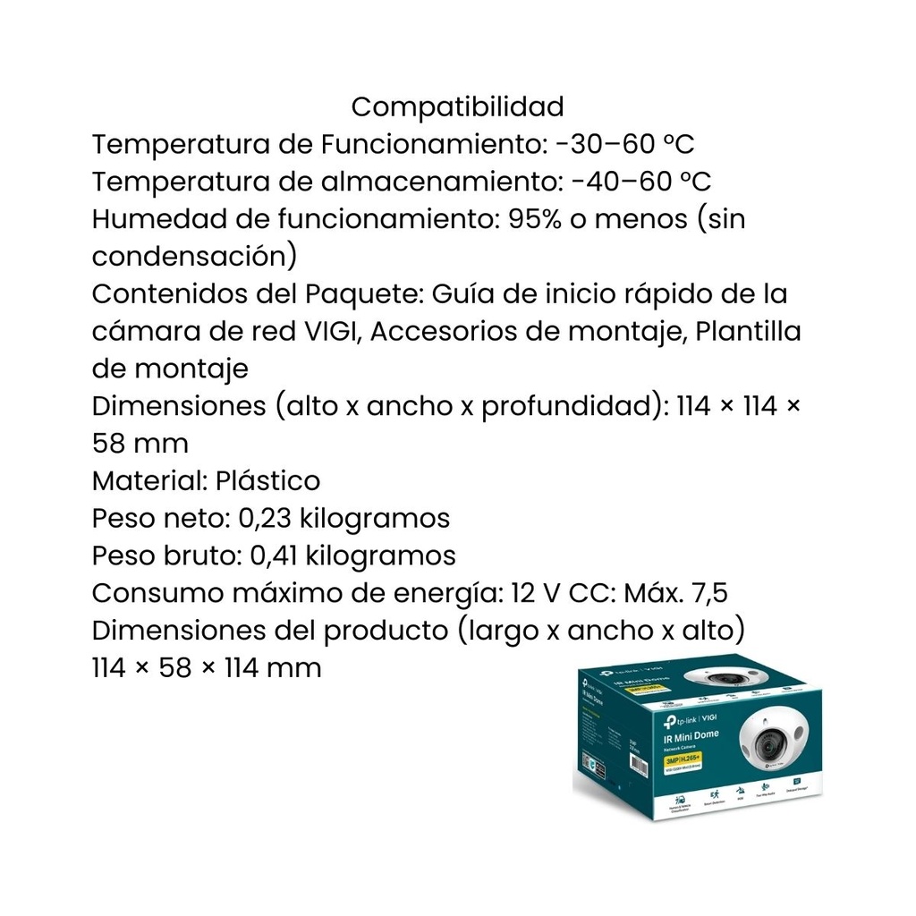Cámara de Seguridad TP-Link VIGI C230I Mini Domo 3MP Lente 2.8mm