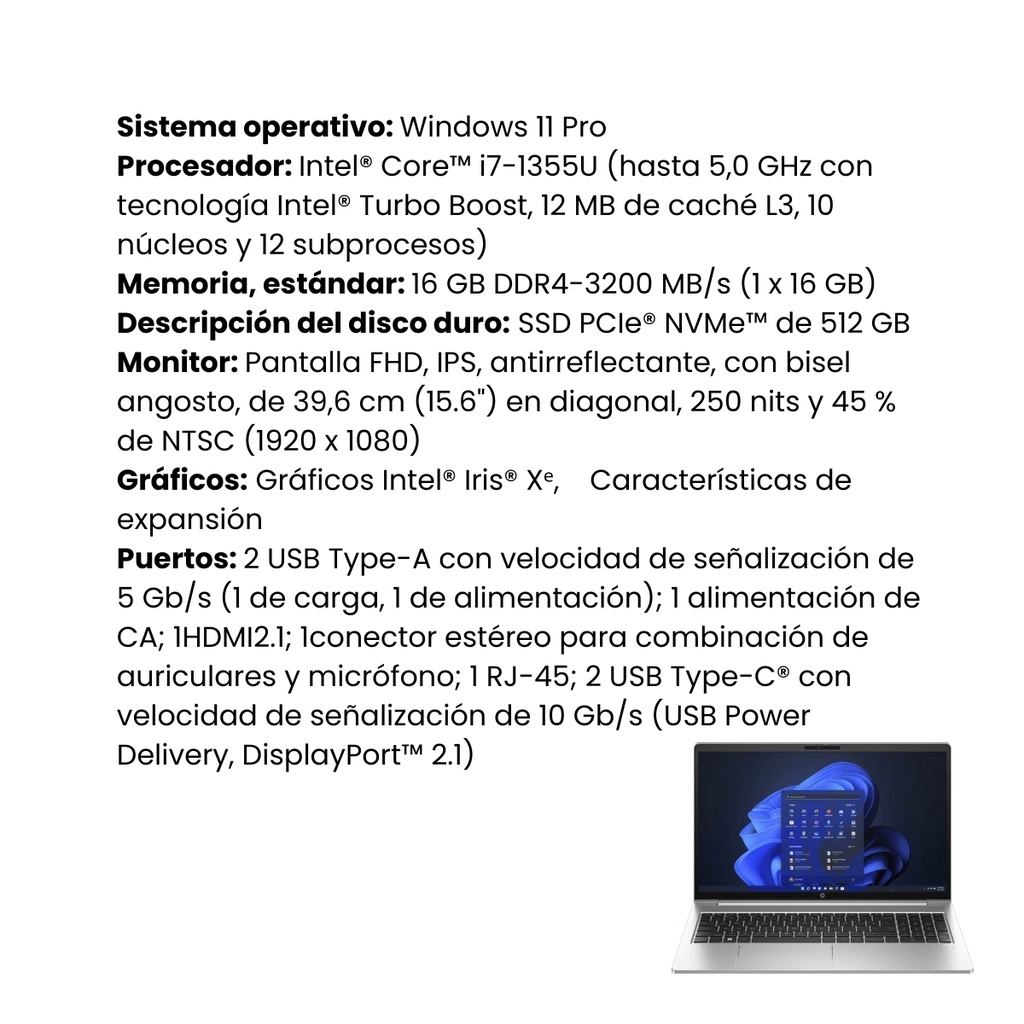 Portátil HP PB450 G10 Corei7-13a RAM 16GB SSD 512GB W11 Pro Plateado