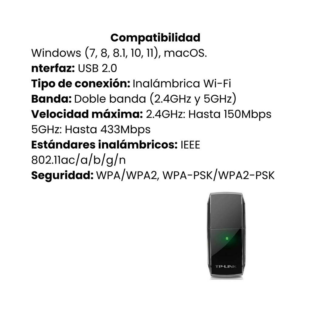 Tarjeta de Red USB TP-LINK - Inalambrica  Doble banda AC600