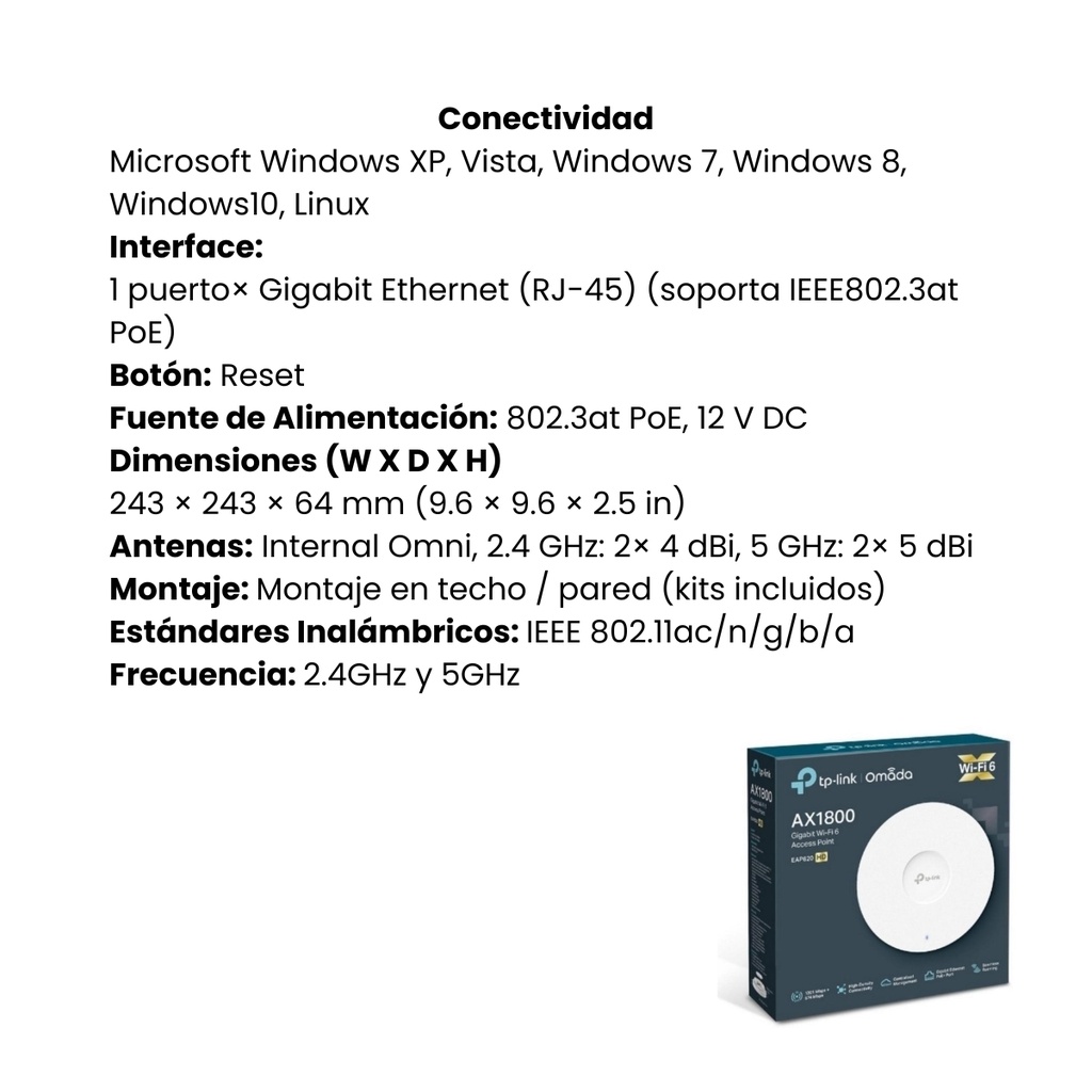 Punto de Acceso TP-Link EAP620 HD de Alta Densidad Wi-Fi 6