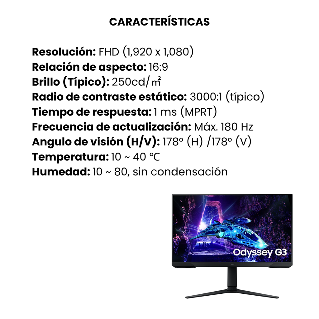 Monitor Samsung  plano gamer Odyssey G3 27" Panel  VA  Color Negro, Brillo: 250cd/m2 16:9,  Res: 1920X1080, TR: 1 ms 180 HZ Eye Saver Mode, Flicker Free, Windows Certification,  FreeSync Premium,Pantalla VESA HDR 400, Conectividad: Display Port 1.4, HDMI 2.0, USB service   Auriculares - Vesa, 75*75, Incluye (Cable DP) 3 años de Garantia