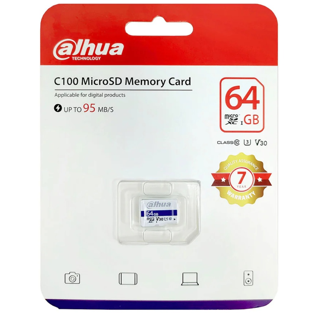 Memoria MicroSD Dahua 64GB SDXC, DHI-TF-C100/32GB, Clase 10/U3/V3O, Lectura 95mb/s Escritura 30mb/s, Garantía 7 Años