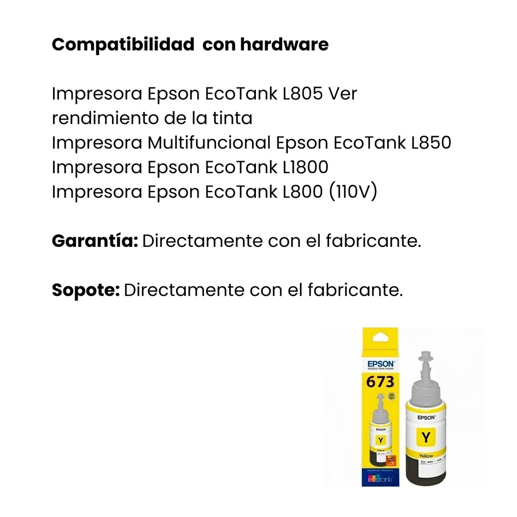 Botella de Tinta EPSON T673420 AL L800/L805 -  Amarillo