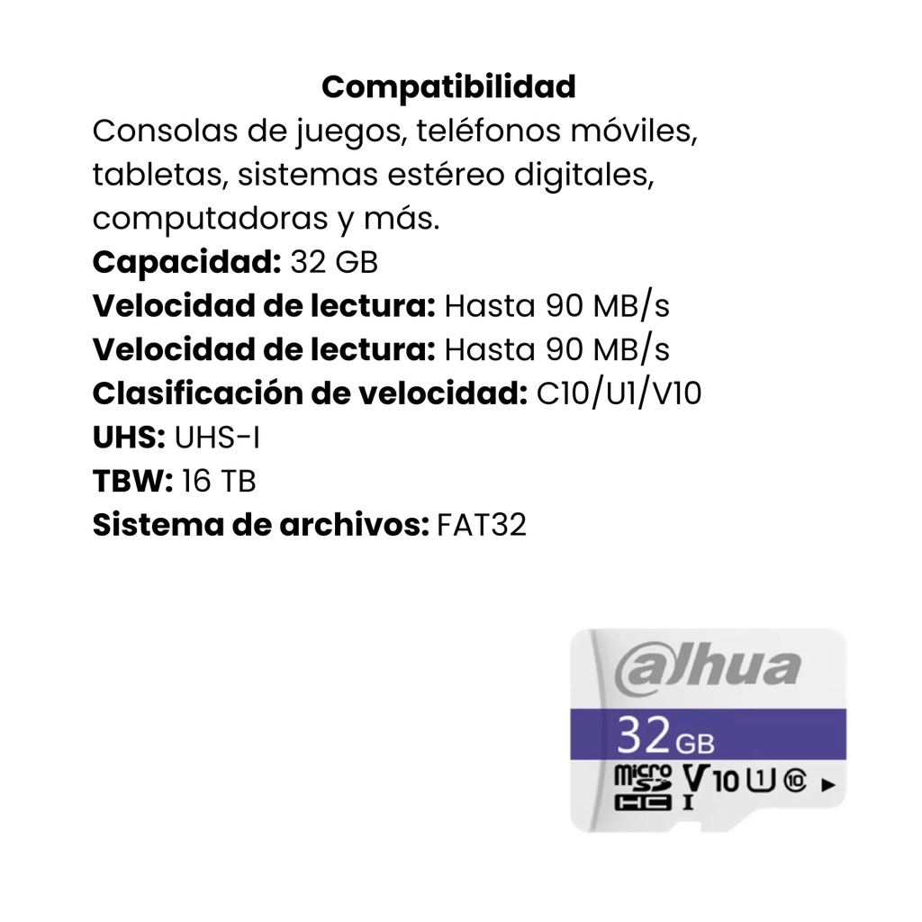 Tarjeta De Memoria MicroSD Dahua 32GB SDHC; DHI-TF-C100/32GB; Clase 10/U1/V1O; Lectura 90mb/s Escritura 15mb/s; Garantía 7 Años