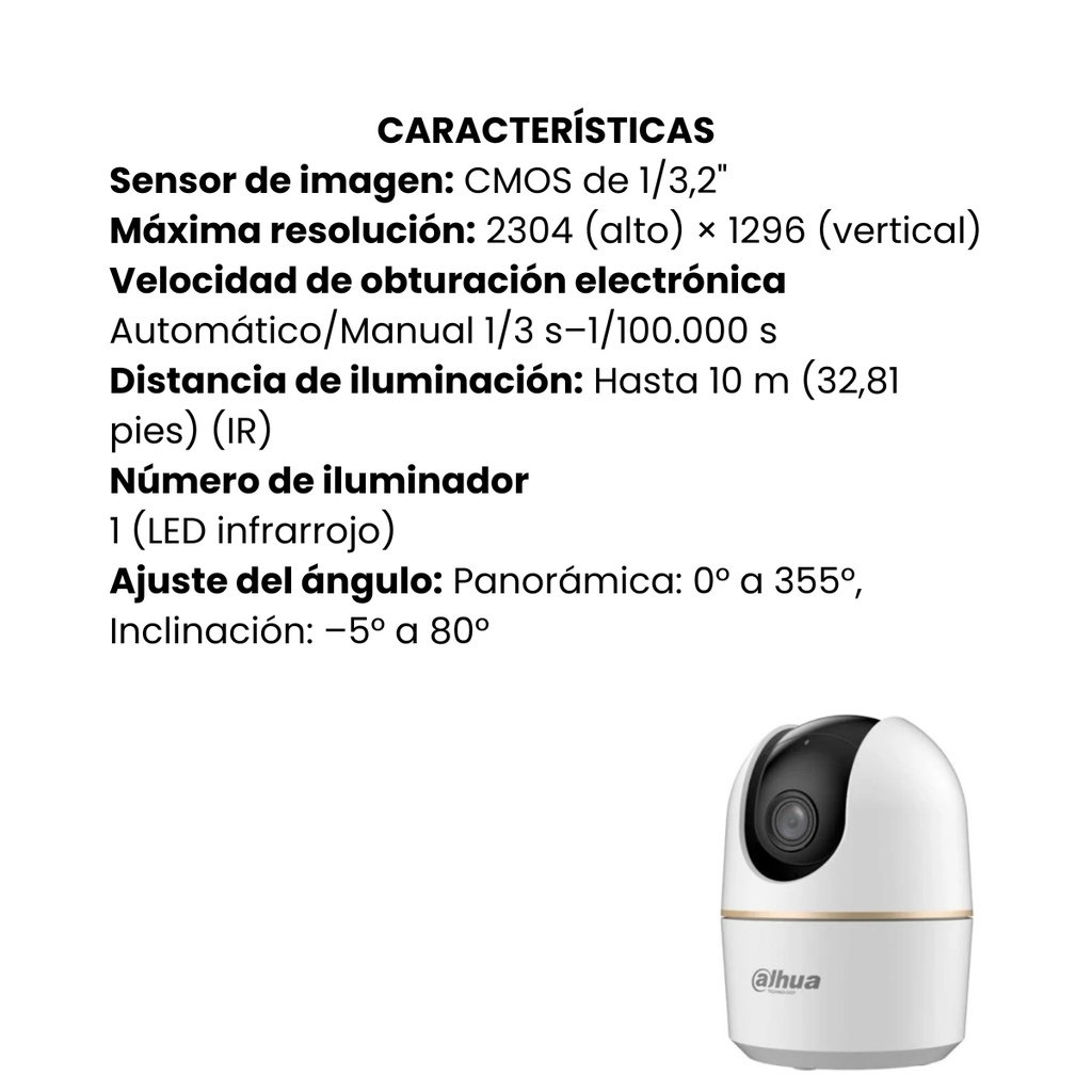 Cámara Dahua Wifi / 3MP / PT / DWDR, IR Hasta 10mts, Detección Humana Y Mascotas, Patrullas (Preset Patrol), Auto Seguimiento, Alarma Por Sonido Anormal, WIFI 6, Audio Bidireccional, Soporta Micro SD Hasta 256GB, Gestión Desde La App DMSS (Dahua)