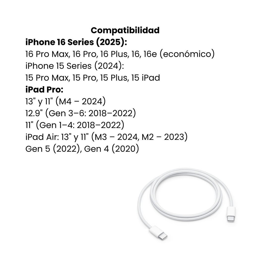 Cable De Carga USB-C Apple 60W Alta Velocidad 1 Metro 