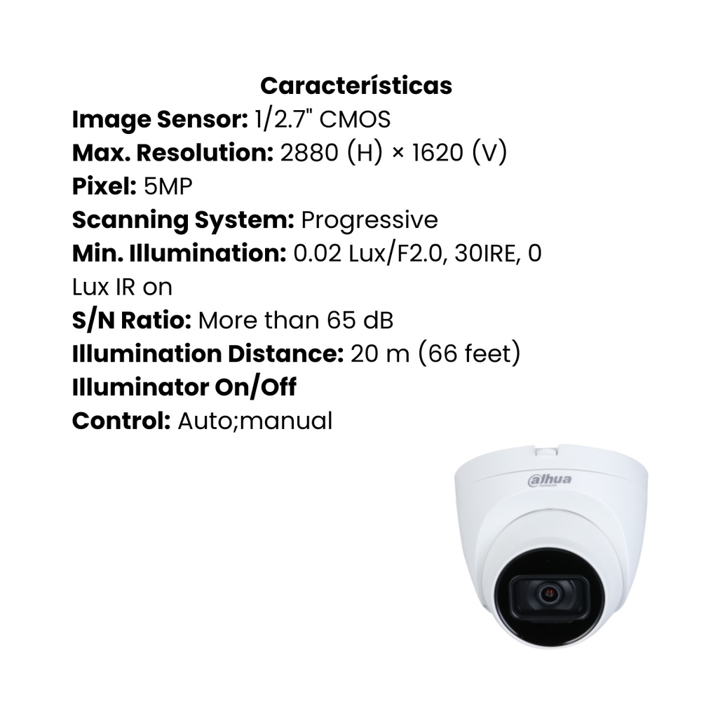 Cámara Domo Dahua 5MP 2.8mm IR 25m – 25fps, CVI/AHD/TV