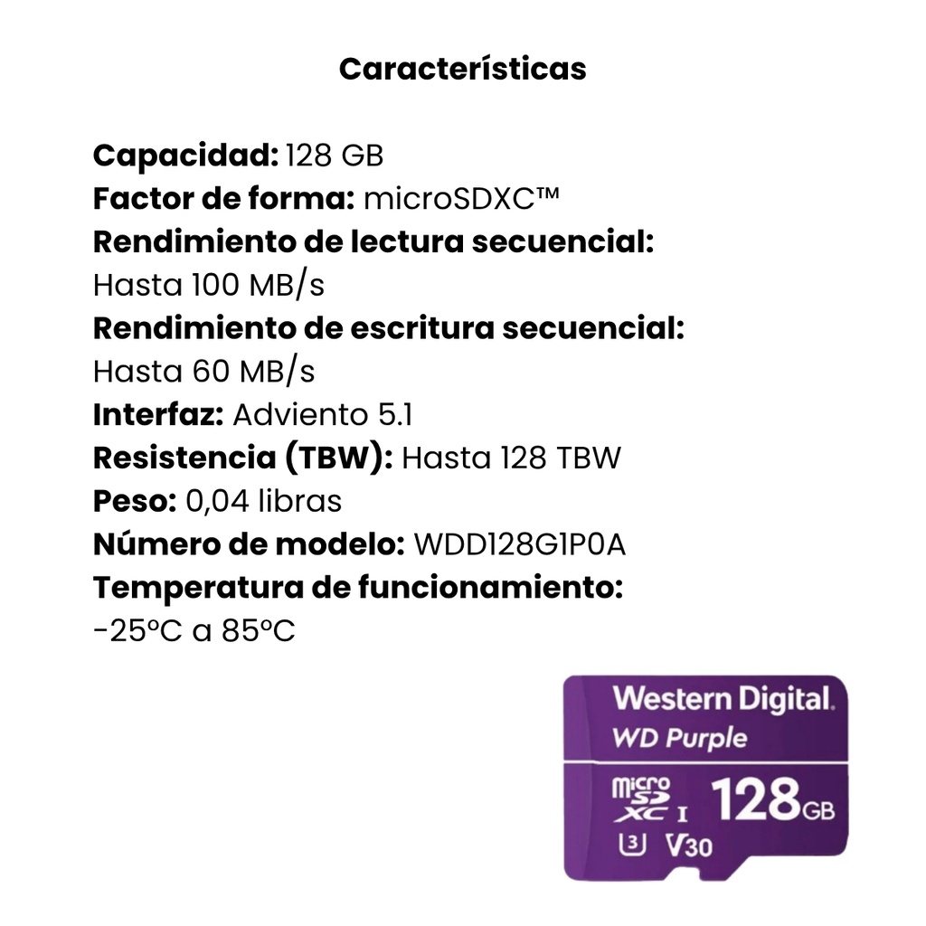 Tarjeta De Memoria MicroSD Western Digital Purple 128GB Para Cámaras De Seguridad  Grabación 24/7