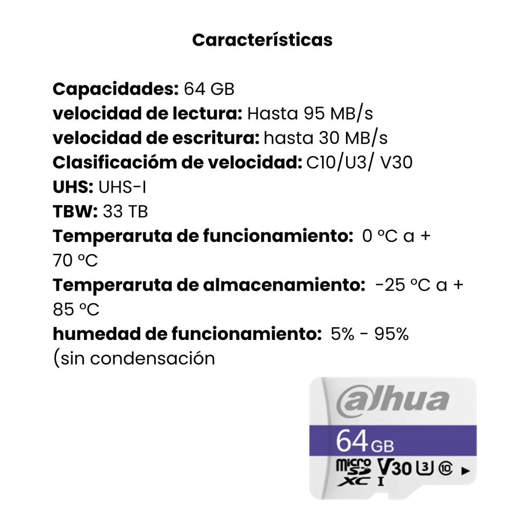 Memoria MicroSD Dahua 64GB SDXC DHI-TF-C100/32GB Clase 10/U3/V3O