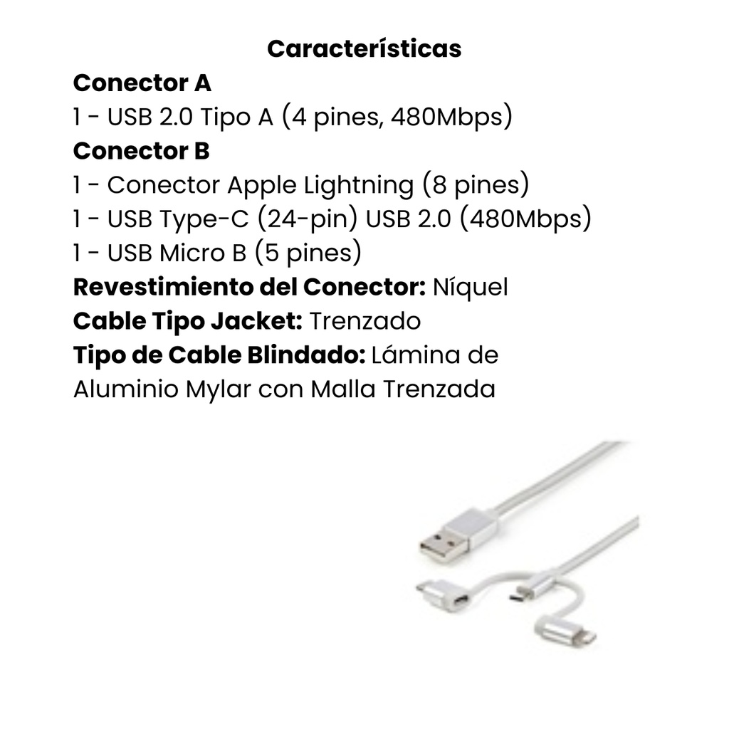 Cable 1m USB a USBC Micro Lightning