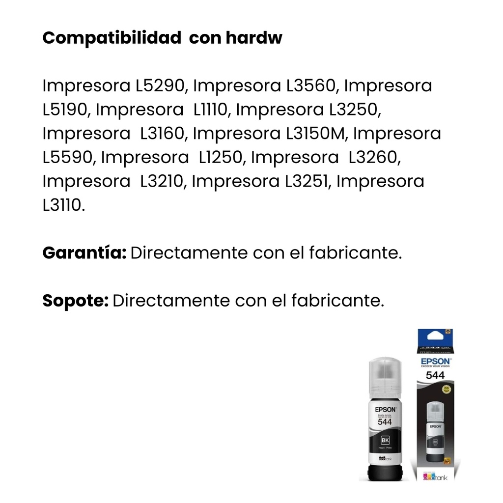 Botella Original De Tinta Epson 544 Negro, 4.500 Páginas, 70 Ml