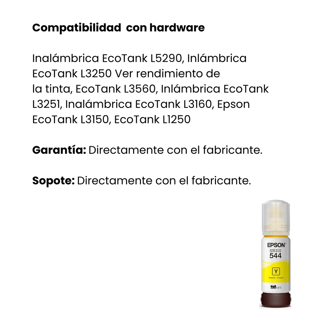 Botella Original De Tinta Epson 544 Amarillo, 7.500 Páginas, 65 Ml