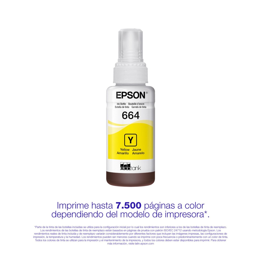 Botella Original De Tinta Epson 664 Amarillo, 7.500 Páginas, 70 ml