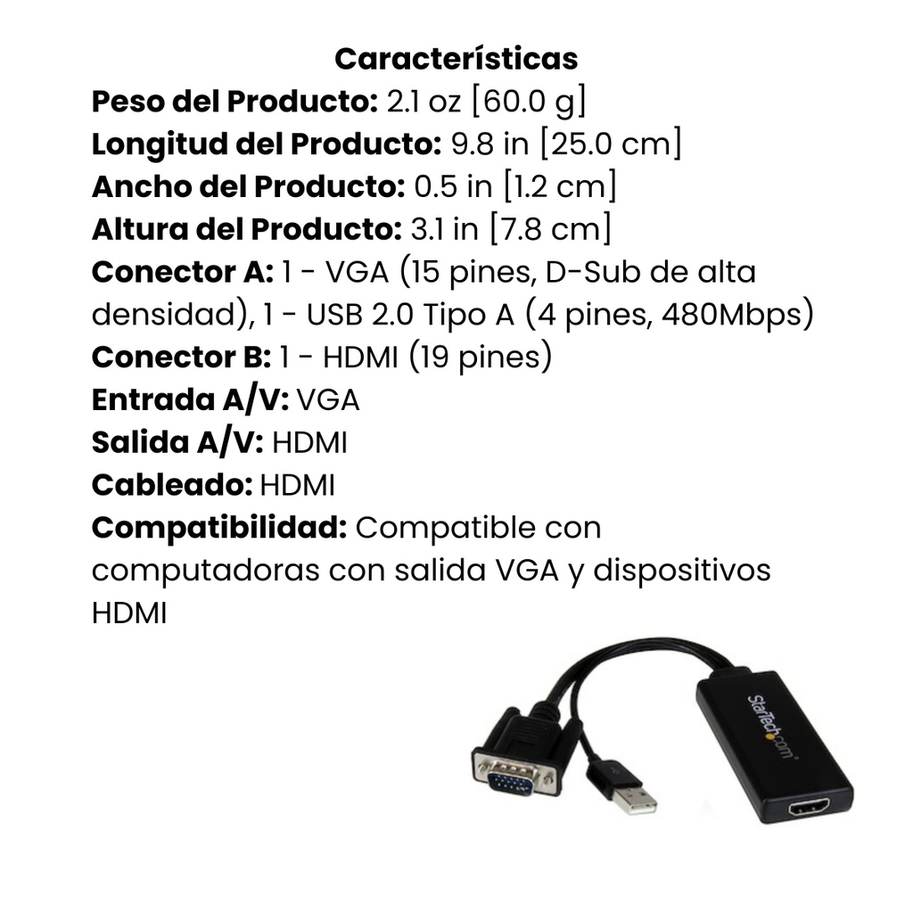Adaptador StarTech Convertidor VGA Macho A HDMI Hembra Con Audio Y Alimentación USB-A, Incluye Cable USB Extensión 60 Cms, Garantía 2 Años