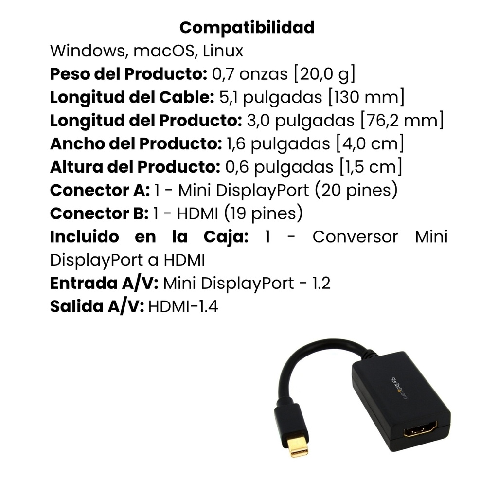Adaptador Convertidor StarTech Video Mini DisplayPort Macho A HDMI Hembra 1920x1200 Pasivo, Compatible Thunderbolt Garantía 3 Años