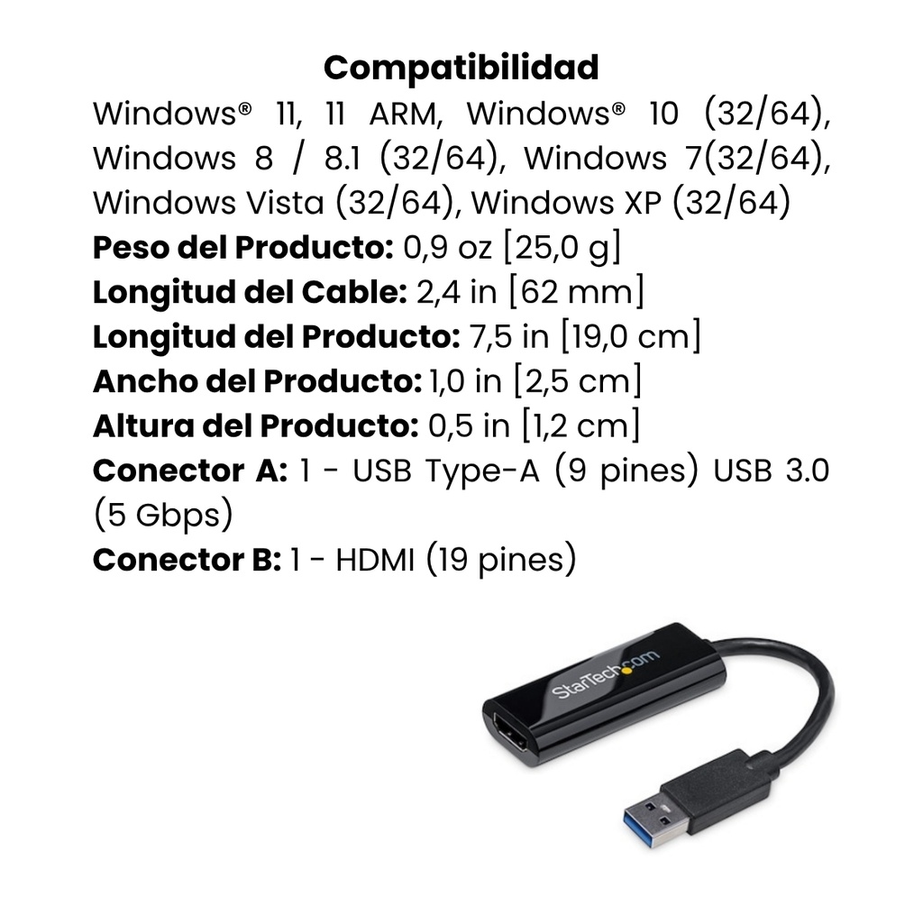 Adaptador StarTech USB-A 3.0 A HDMI Hembra 1920x1200 Compacto