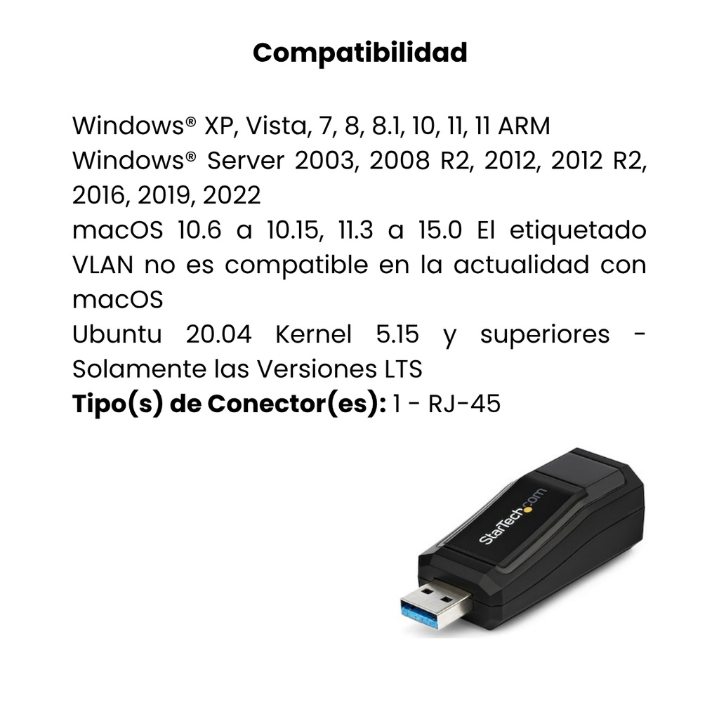 Adaptador StarTech USB-A 3.0 A Ethernet RJ45 1Gbps Sin Dongle