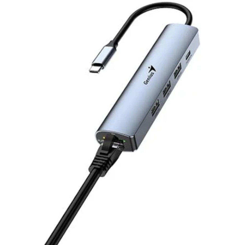 Hub USB-C 5 En 1 Genius UH‑545, 3 Puertos USB 3.0 + Ethernet Gigabit + Alimentación USB-C (5 V/3 A), Cable 15 cm, Color Gris Hierro