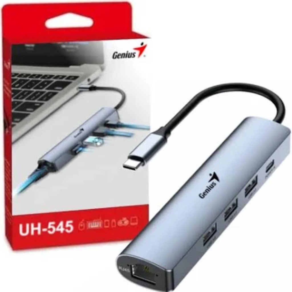 Hub USB-C 5 En 1 Genius UH‑545, 3 Puertos USB 3.0 + Ethernet Gigabit + Alimentación USB-C (5 V/3 A), Cable 15 cm, Color Gris Hierro