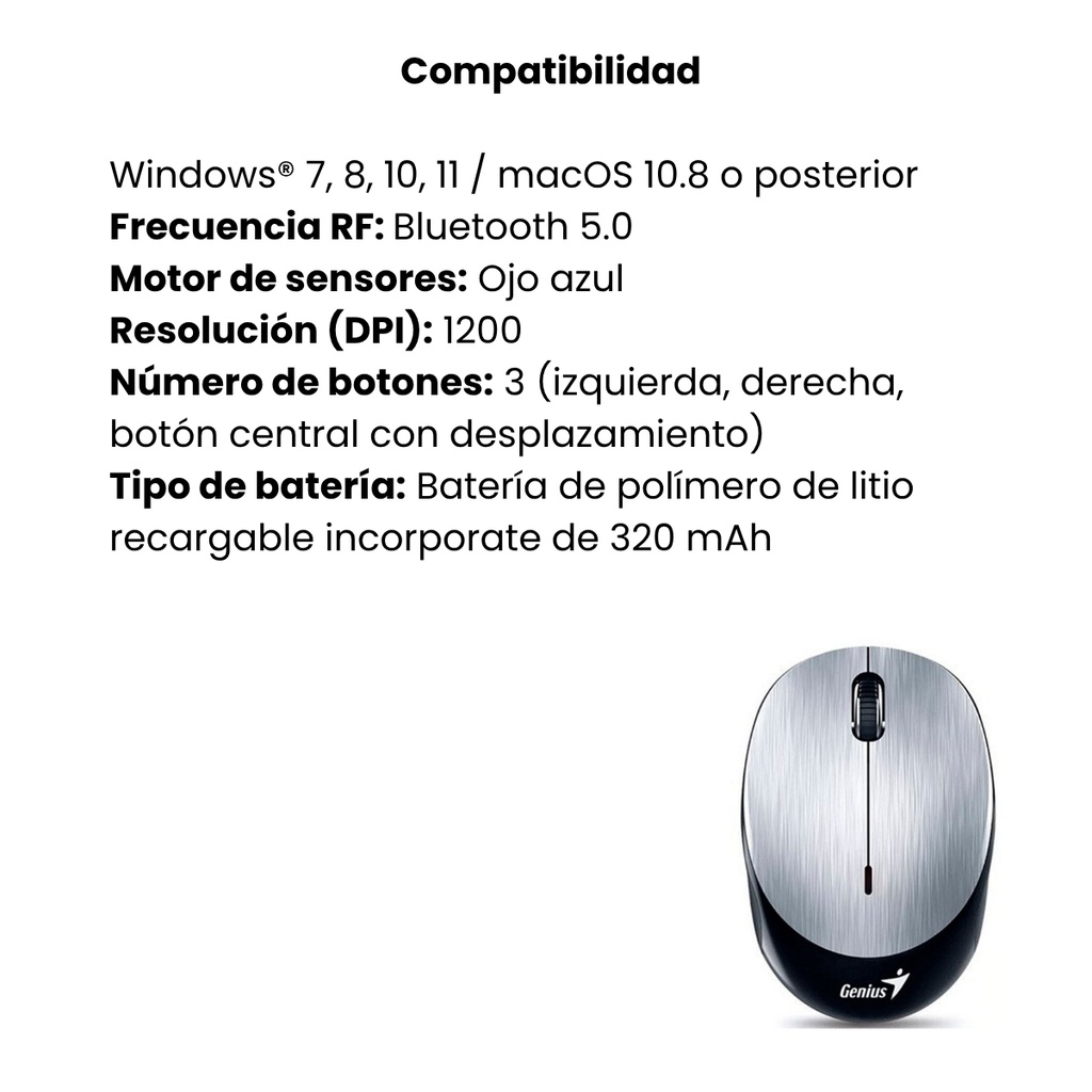 Mouse Inalámbrico Genius Bluetooth 4.0, Recargable Color Gris Plata