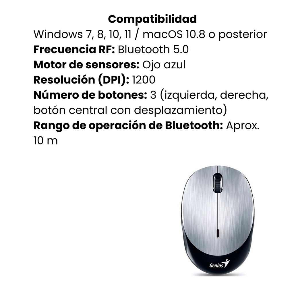 Mouse Inalámbrico Genius Bluetooth 4.0, Recargable Color Gris Plata