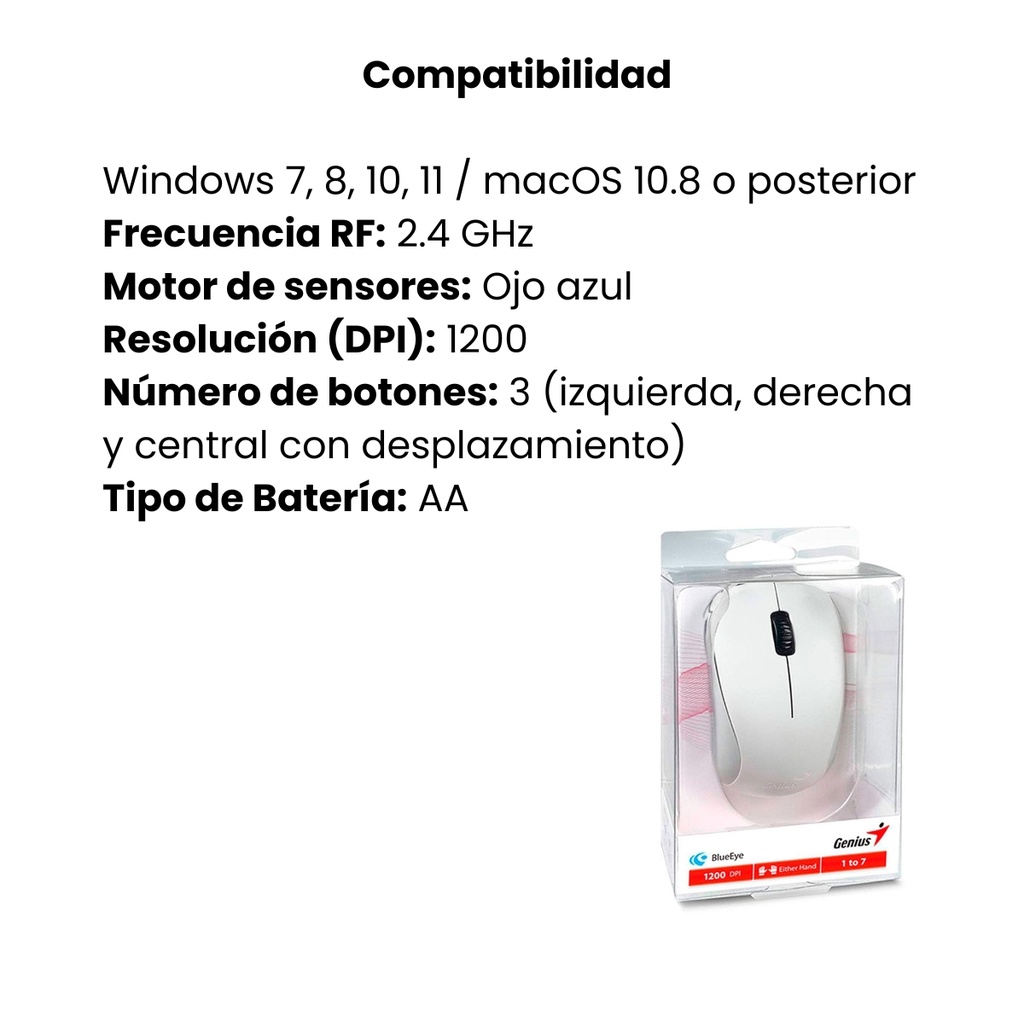 Mouse Genius Inalámbrico 2.4 BlueEye - Blanco