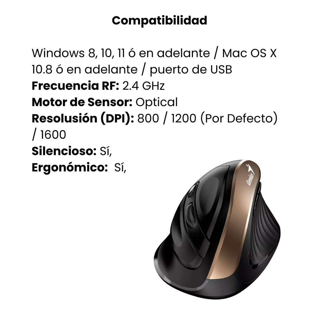 Mouse Genius Ergo 8250, 6 Botones, 2.4 GHz, 10m Dorado