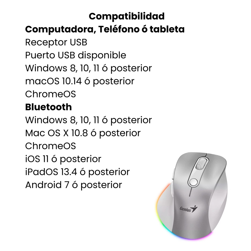 Mouse Inalámbrico Genius Ergo 9000s Pro Plateado