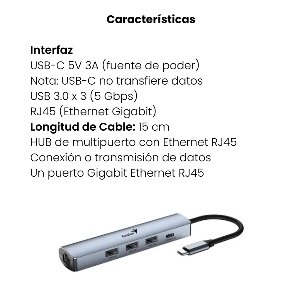 Hub USB-C 5 En 1 Genius UH‑545, 3 Puertos USB 3.0 + Ethernet Gigabit + Alimentación USB-C (5 V/3 A), Cable 15 cm, Color Gris Hierro