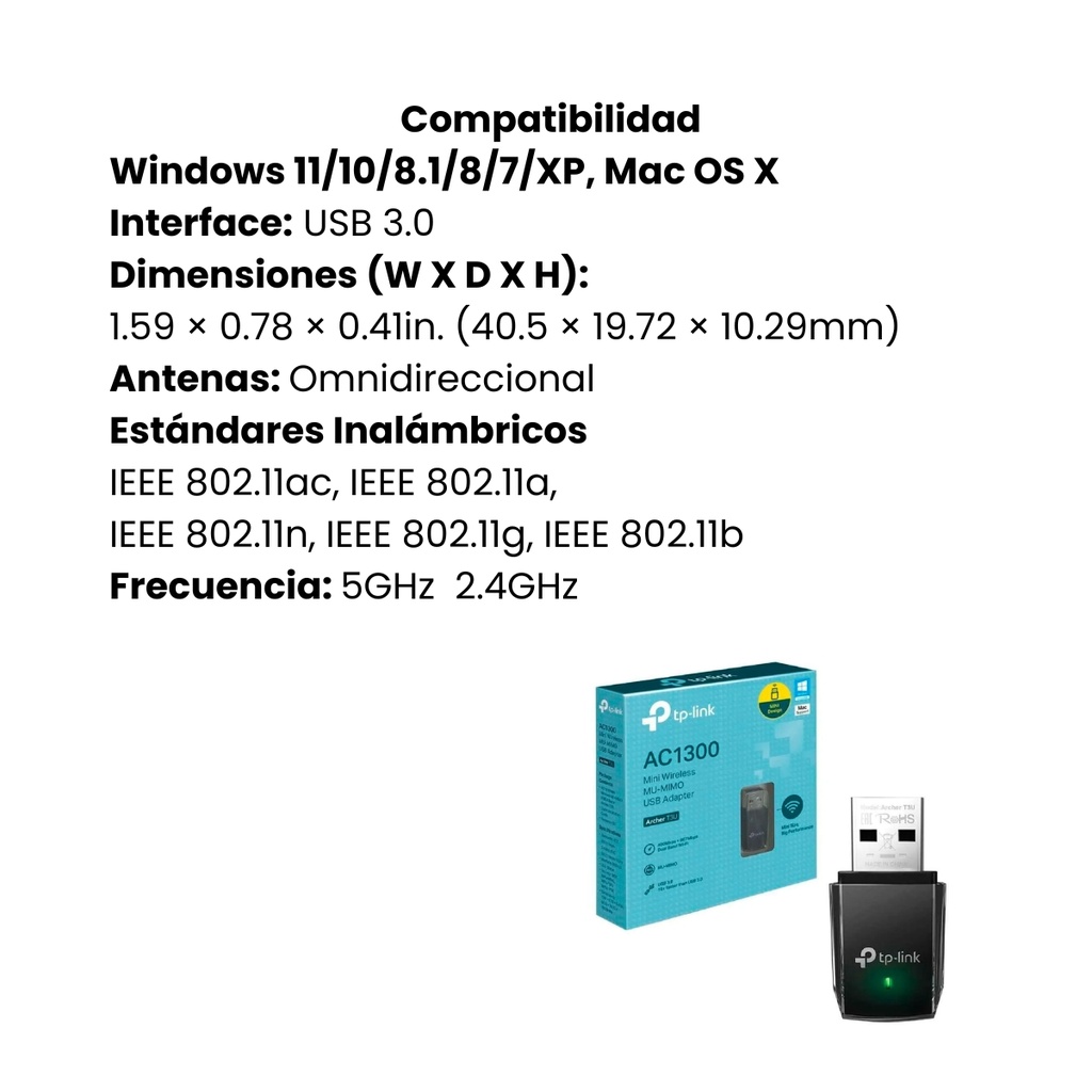 Mini Adaptador USB TPLINK Inalámbrico Doble Banda AC1300 - Negro