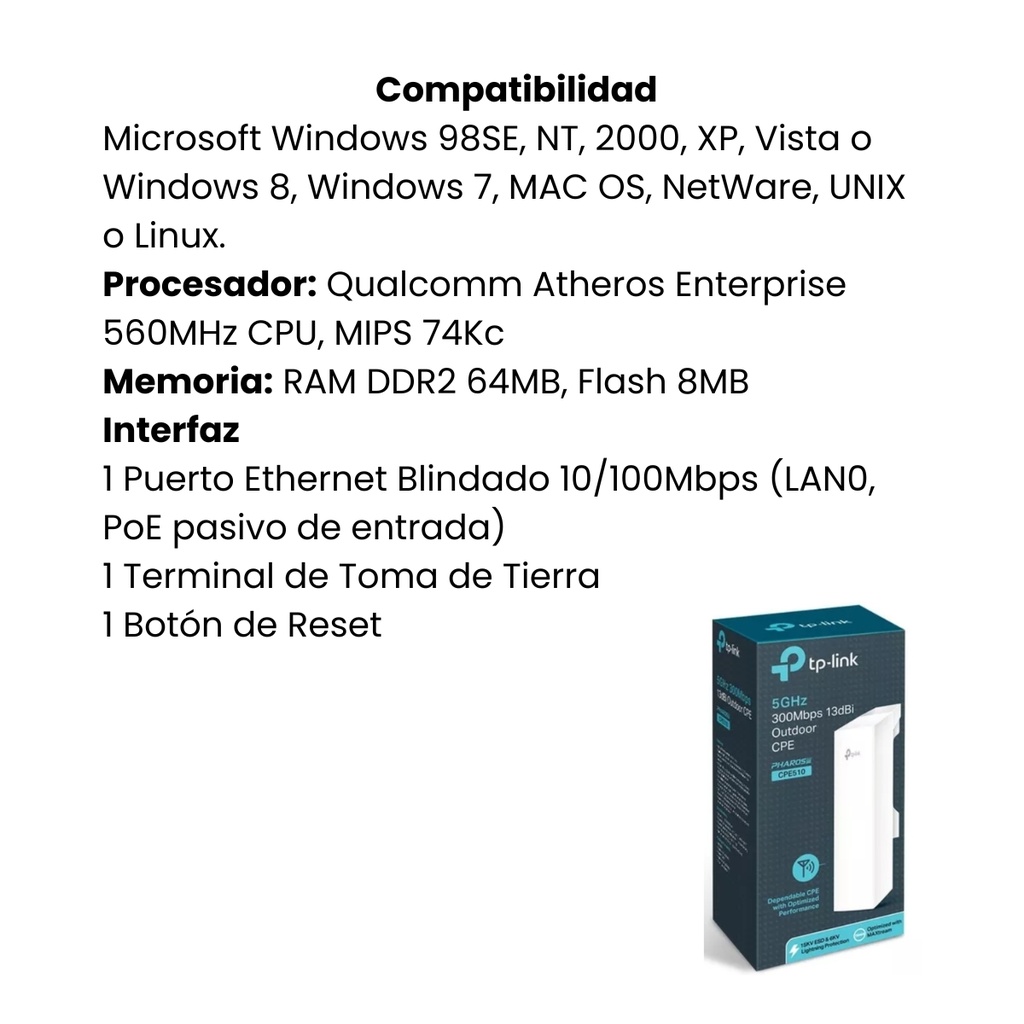 Punto de Acceso TP-LINK Outdoor 5GHz 300Mbps 2 Antenas Direccional de 13dBi