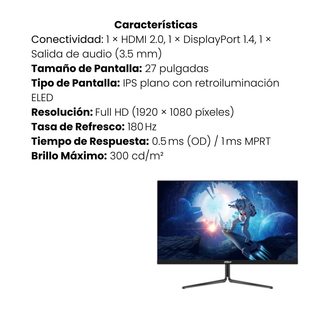 Monitor Dahua Gamer Plano 27" Panel IPS, Full HD 1920 X 1080 De 0,5 Ms 180 HZ