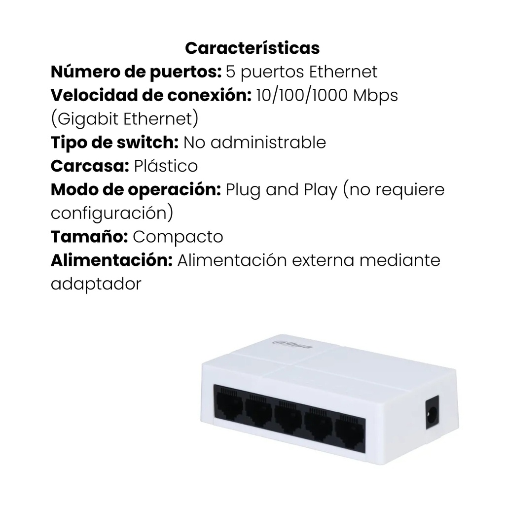 Switch Dahua Giga No Administrable 5 puertos 10/100/1000 (Plástico)