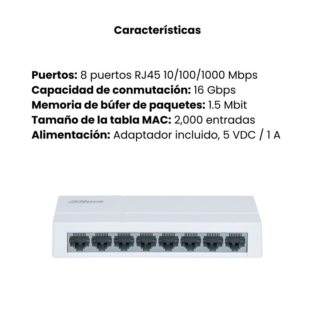 Switch Dahua Giga No Administrable 8 puertos 10/100/1000 (Plástico)