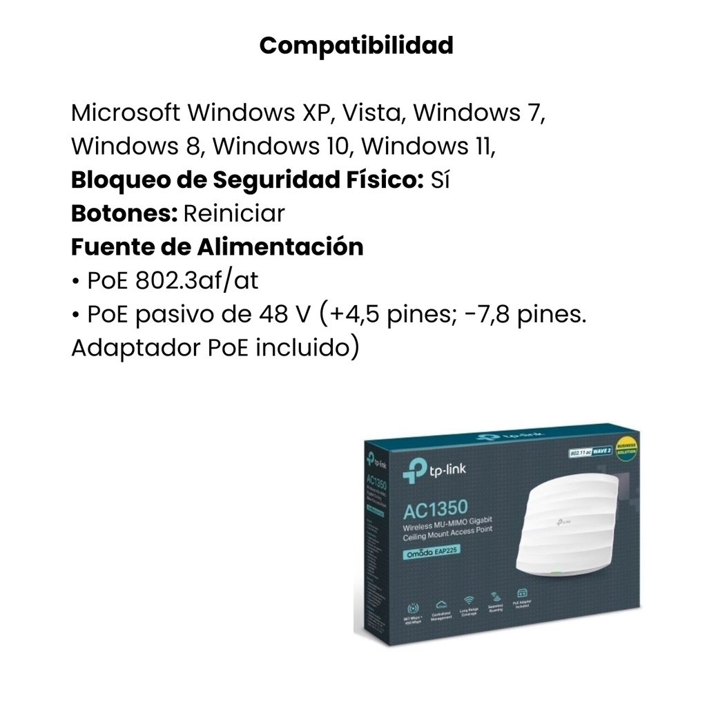 Punto de Acceso Gigabit TP-LINK Inalámbrico MU MIMO AC1350 de Montaje en Techo - Blanco
