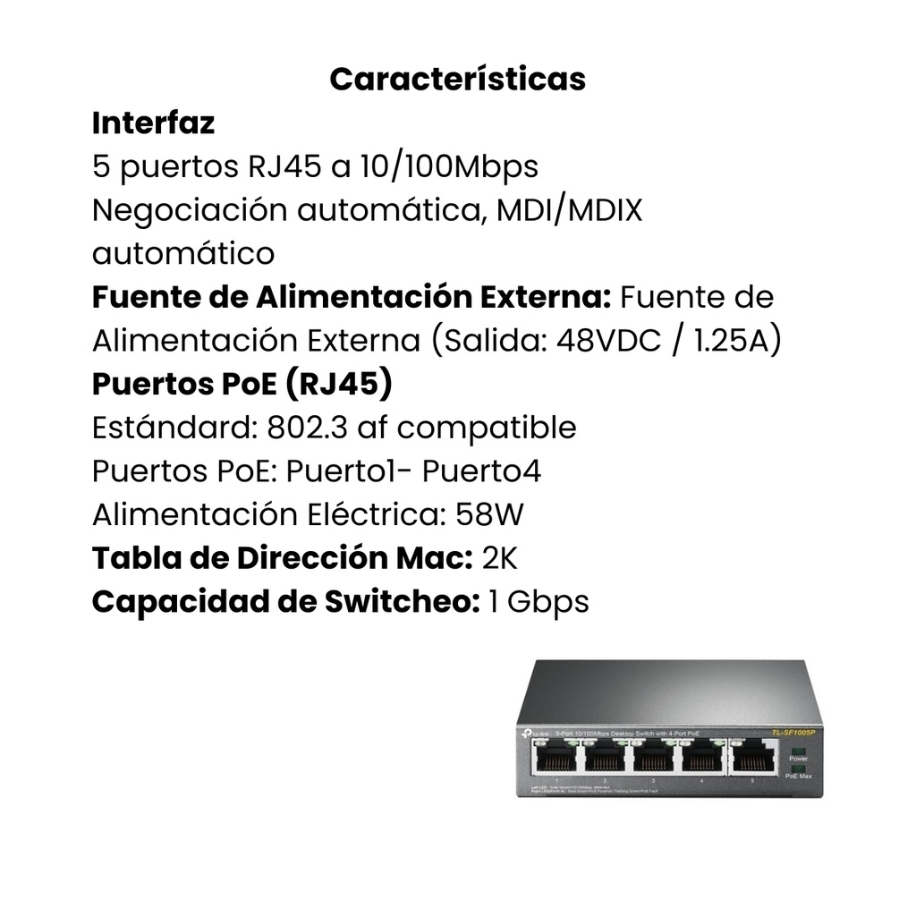 Switch TP-LINK PoE 10/100 de 5 Puertos