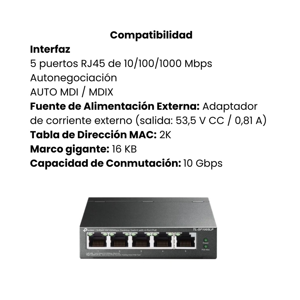 Switch TP-LINK PoE de escritorio de 5 puertos