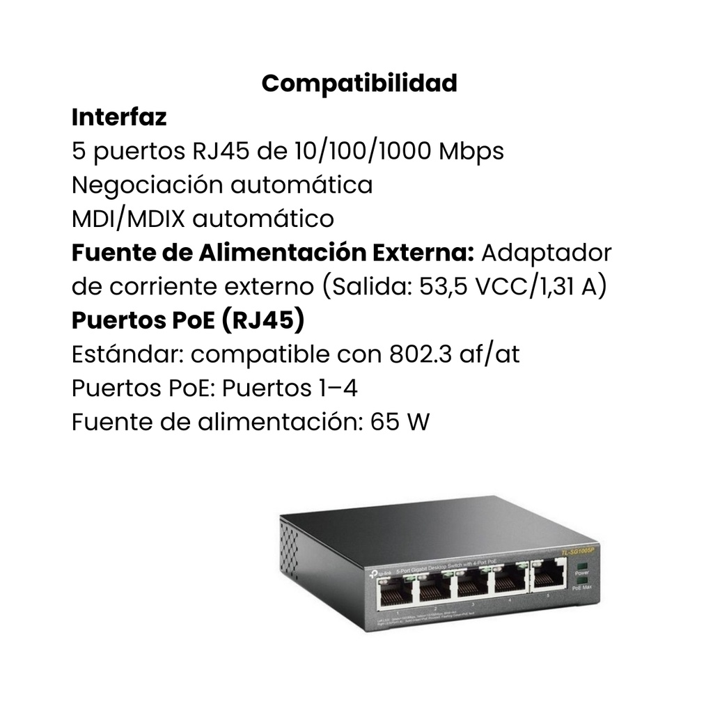 Switch TPLINK poE de escritorio Gigabit de 5 puertos