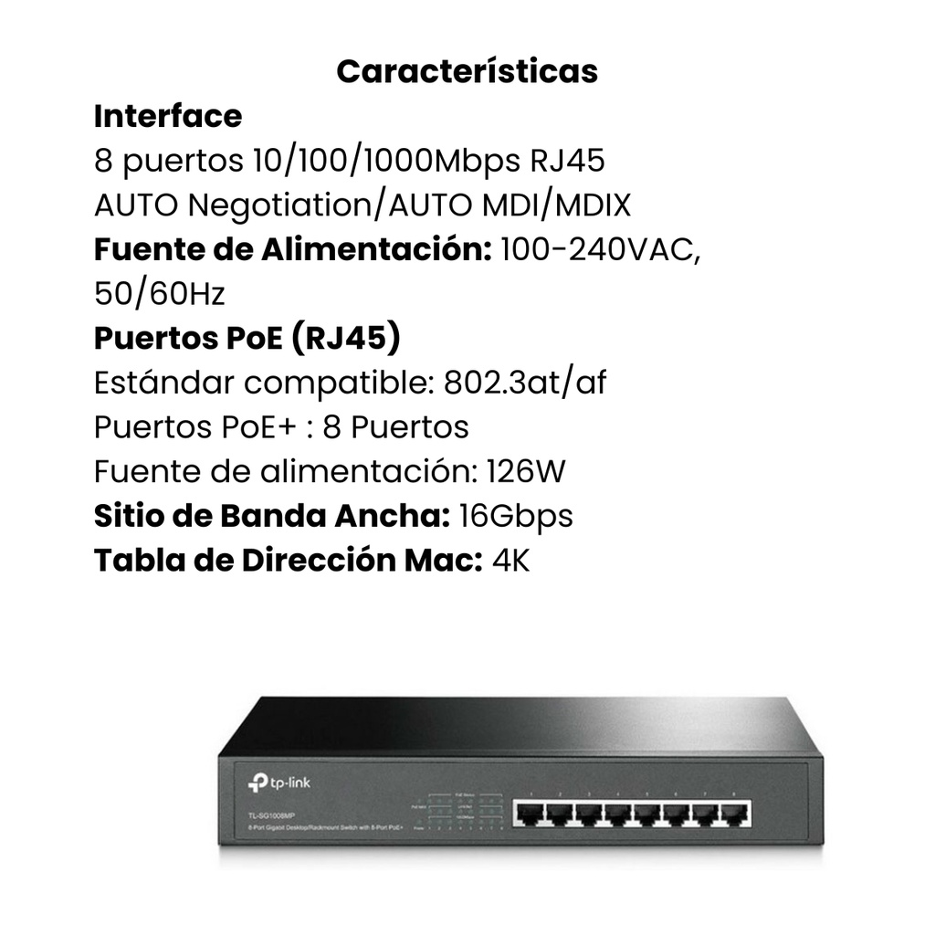 Switch TP-LINK PoE de 8 Puertos Gigabit - Negro