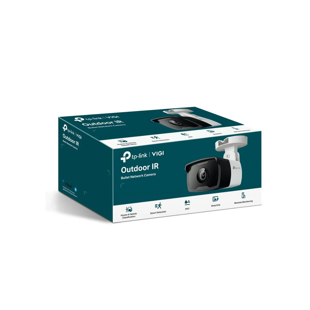 Cámara IP VIGI tipo Bala 4MP.  Lente Fijo 4 mm.  INCLUYE Detección Inteligente (Clasifica Humanos y Vehículos), Detección de Movimiento, Detección de Intrusión de Área, Detección de Cruce de Línea, Detección de Manipulación de Cámara, Detección de Objeto abandonado, Detección de Remoción de Objetos.