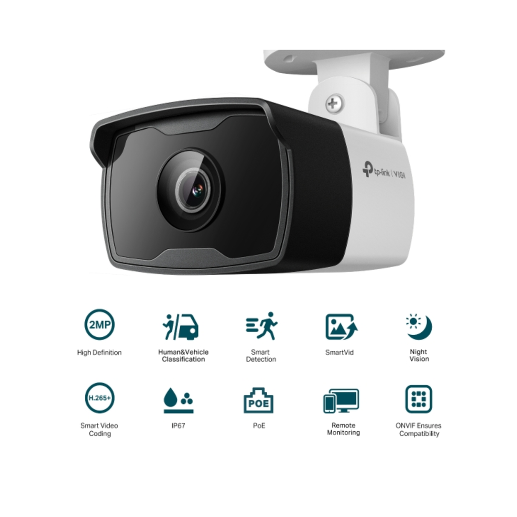 Cámara IP VIGI tipo Domo de 2MP.Lente Fijo 4 mm.Detección Inteligente (Clasifica Humanos y Vehículos), Detección de Movimiento, Detección de Intrusión de Área, Detección de Cruce de Línea, Detección de Manipulación de Cámara, Detección de Objeto abandonado, Detección de Remoción de Objetos.