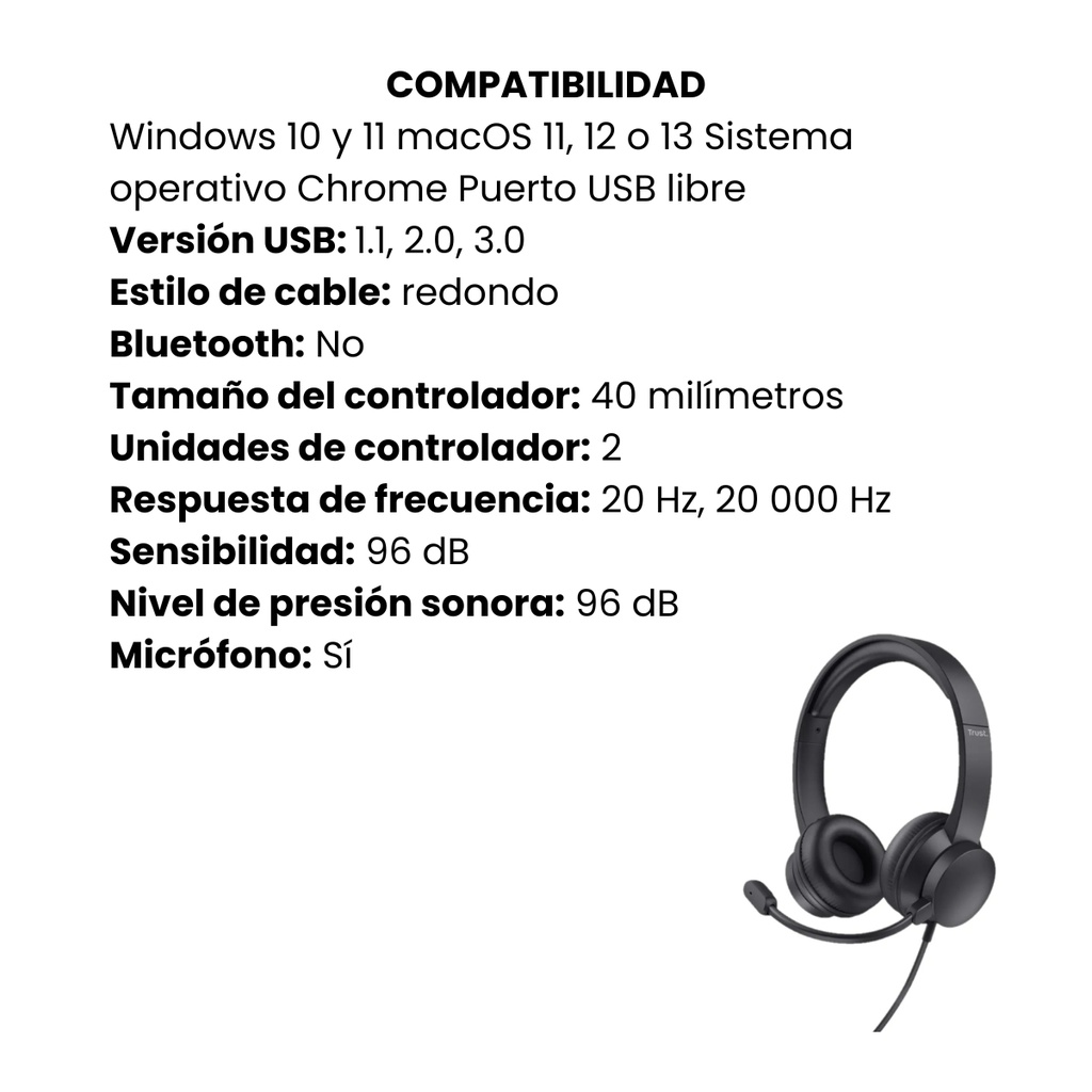 Audífonos Diadema Trust Ayda USB Con Micrófono Color Negro 