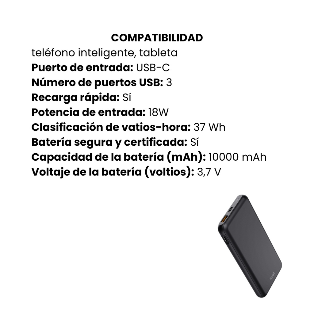 Batería Trust Portátil Externa Redoh 10.000 mAh Carga Rápida Color Negro