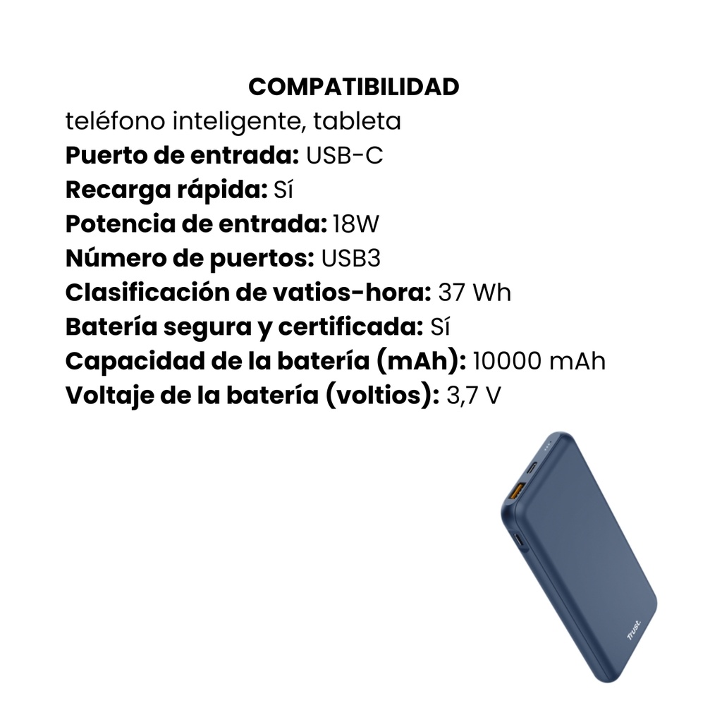Batería Trust Portátil Externa Redoh 10.000 mAh Carga Rápida Color Azul 