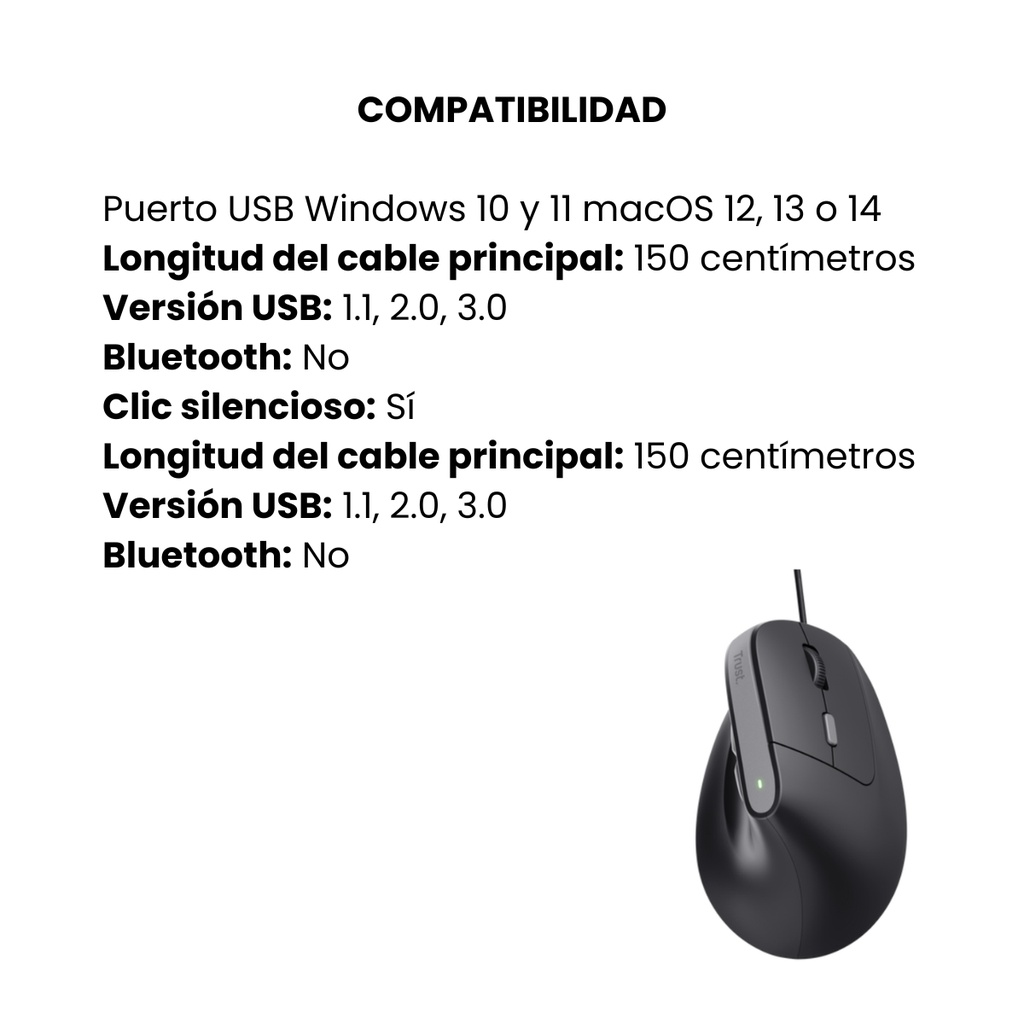 Mouse Trust Bayo II Ergonómico Alámbrico Diseño Vertical Color Negro 