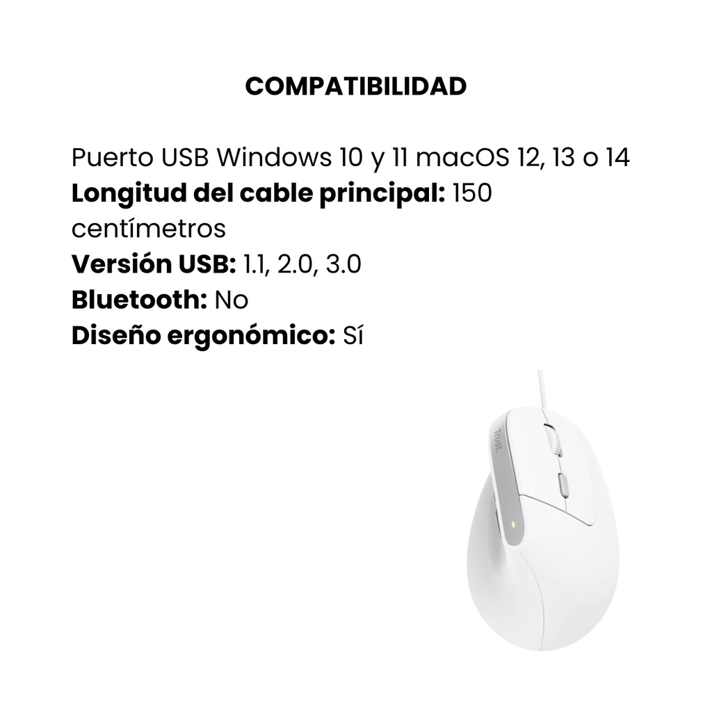 Mouse Trust Bayo II Ergonómico Alámbrico Diseño Vertical Color Blanco