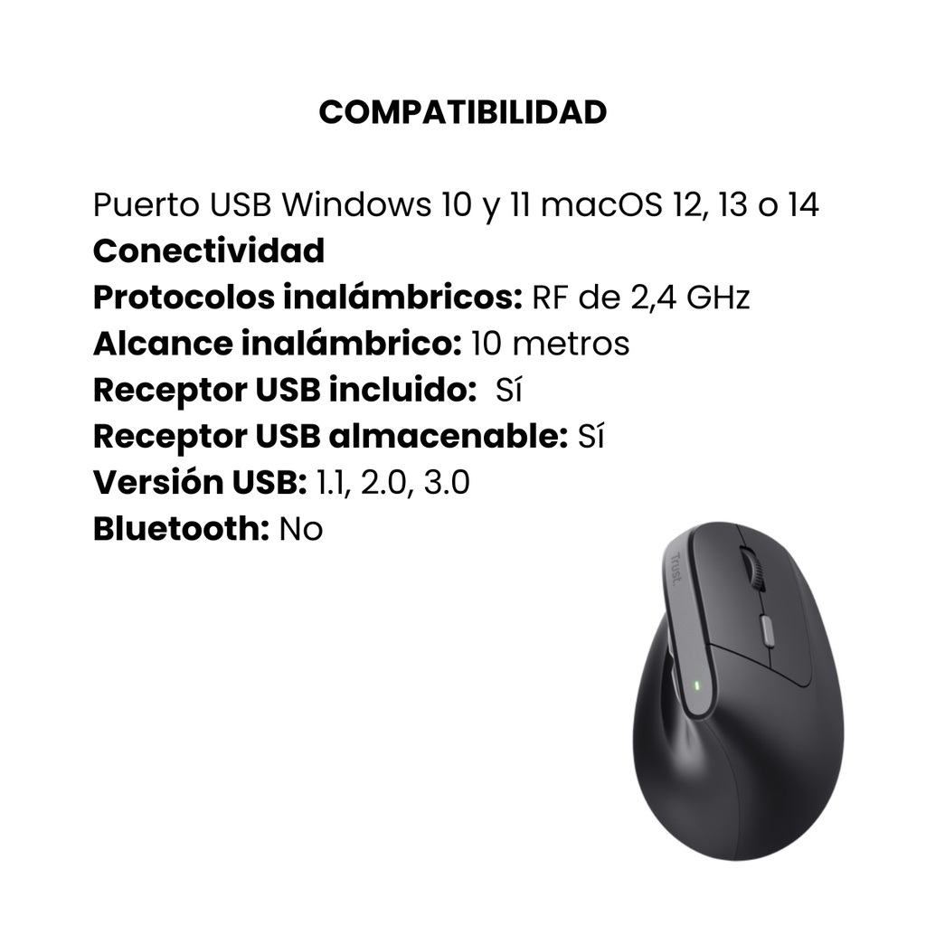 Mouse Trust Bayo II Ergonómico Inalámbrico Diseño Vertical Con Batería De Litio Recargable Color Negro 