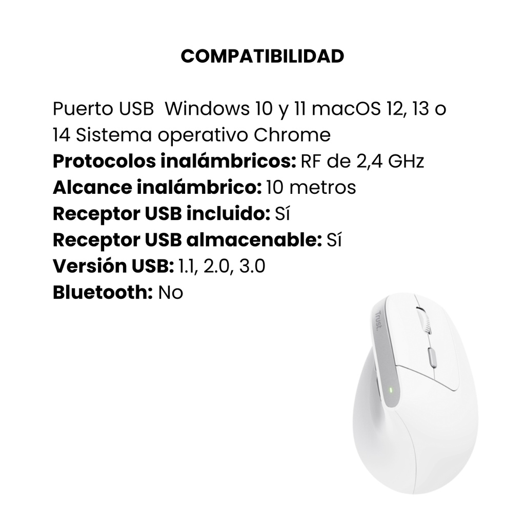 Mouse Trust Bayo II Ergonómico Inalámbrico Diseño Vertical Con Batería De Litio Recargable Color Blanco 
